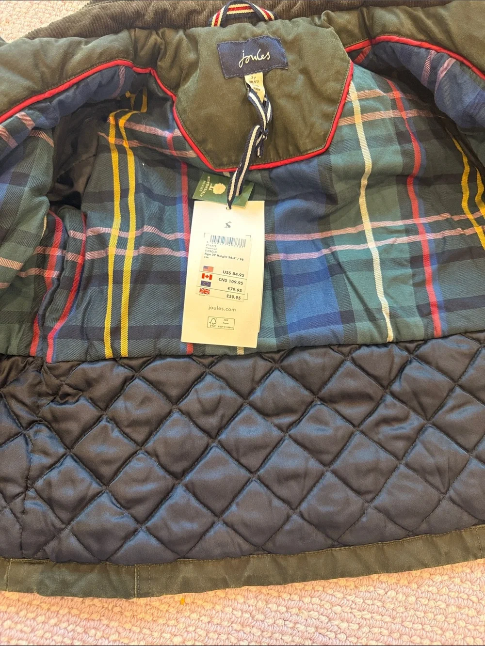 Joules Kids Dark Olive Green Quilted-Lined Puffer Jacket